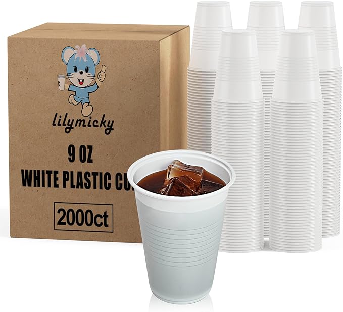 Lilymicky 2000 PACK 9 oz White Plastic Cups, 9 Ounce Disposable Drinking Cups for Birthday Parties, Picnics, Ceremonies
