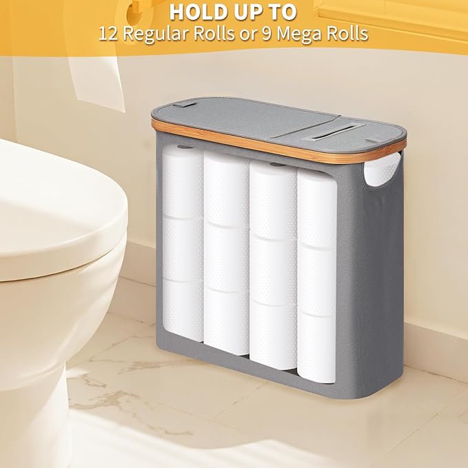 efluky Toilet Paper Storage and Holder 2 in 1, Toilet Paper Storage with Lid for Bathroom 28L, Free Standing Holder Organizer Holds Up to 9-12 Rolls, Grey
