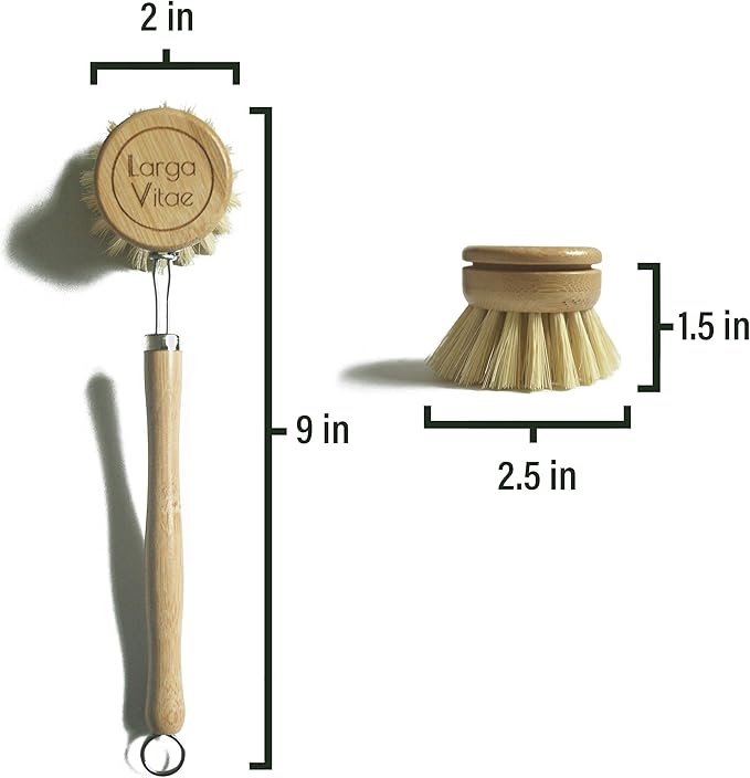 Wooden Dish Brush Made of Renewable Bamboo Wood and Natural Bristle Tampico Fiber, includes 5 Replacement Brush Heads, Durable, Long Lasting, All Purpose Kitchen Scrubber