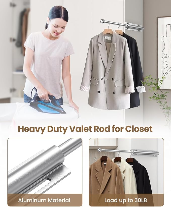 Supforce 2 PACK Valet Rod for Closet Pull Out, Retractable Slide Out Valet Rod Closet Organization, 12" Aluminum Valet Clothing Hanger Rods Perfect for Suits, Freshly Pressed Clothes, White