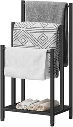 HOOBRO Free Standing Towel Rack, 3 Tier Blanket Rack, Blanket Holder for Bathroom, 16.9" L x 11" W x 31.9" H, Industrial Metal Drying and Display Rack with Shelf, Black BB03LB01