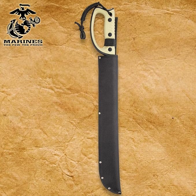 United Cutlery USMC Semper Fi Sawback Machete Knife with Sheath | Full-Tang Machete | 17 1/2" Non-Reflective Stainless Steel Blade | Saber-Style Handguard Handle | Modern Tactical Weapon - 24” Overall