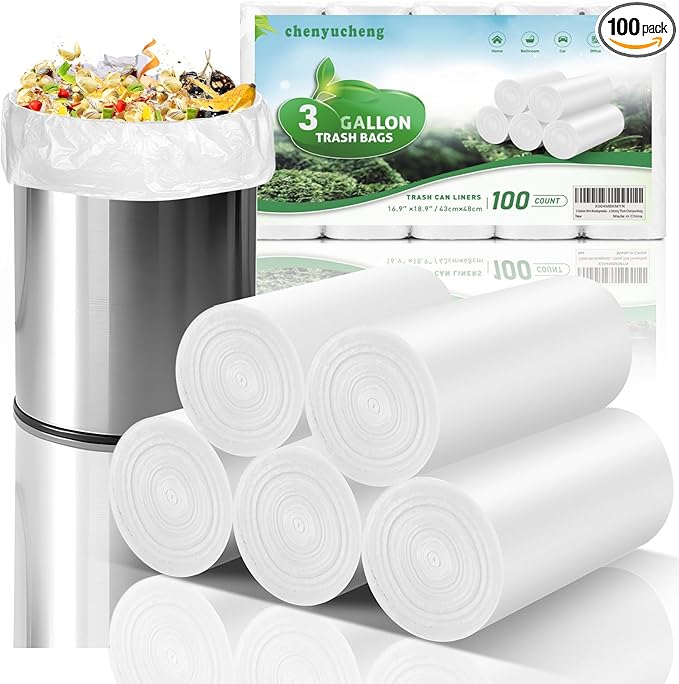 3 Gallon Mini Biodegradable Trash Bags - White Small Garbage Bags For Bathroom Can 100 Count 12 Liter Compostable Waste Basket Unscented Kitchen Office Car Liners Strong Thick Chenyucheng