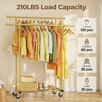 HYSEYY Double Rods Clothes Rack, Sturdy Rolling Clothing Rack, Portable Clothing Racks for Hanging Clothes - Metal Garment Rack Wardrobe Coat Rack for Bedroom Laundry Living Room, Gold