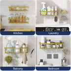8 Pack Adhesive Rustproof Shower Caddy with Soap Dishes, Toothbrush Holder & Hooks, Large Capacity No-Drilling Shower Shelves Rack for Bathroom Organizers and Storage Accessories, Gold