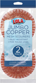 Copper Mesh Scouring Pad by LOLA, 2 Pack, 45 Grams, 4" Heavy Duty Cleaning Pads, Copper Coated Knitted Wire Mesh, Recyclable, Cleans Baked On Messes