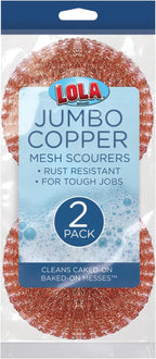 Copper Mesh Scouring Pad by LOLA, 2 Pack, 45 Grams, 4" Heavy Duty Cleaning Pads, Copper Coated Knitted Wire Mesh, Recyclable, Cleans Baked On Messes