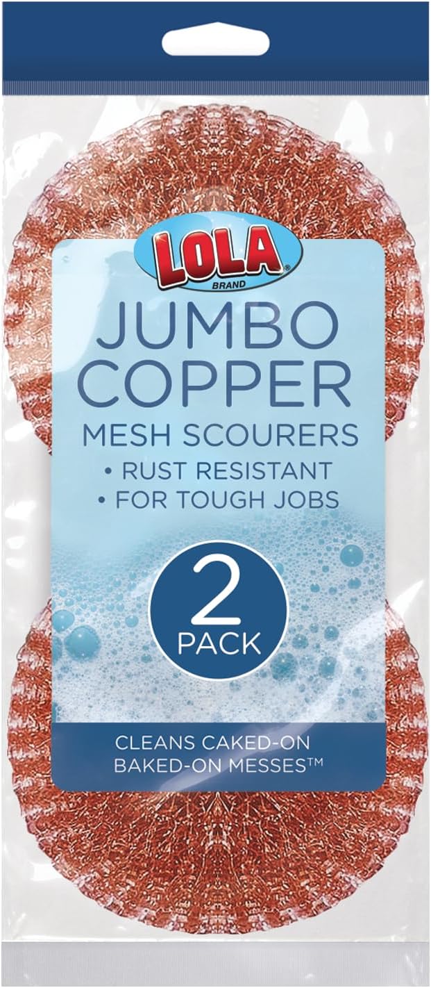 Copper Mesh Scouring Pad by LOLA, 2 Pack, 45 Grams, 4" Heavy Duty Cleaning Pads, Copper Coated Knitted Wire Mesh, Recyclable, Cleans Baked On Messes