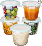 Vtopmart 5Pack 24oz Glass Storage Containers with Lids, Glass Meal Prep Food Container Sets with Snap Airtight Lids for Microwave, Oven, Freezer and Dishwasher, Green, Round