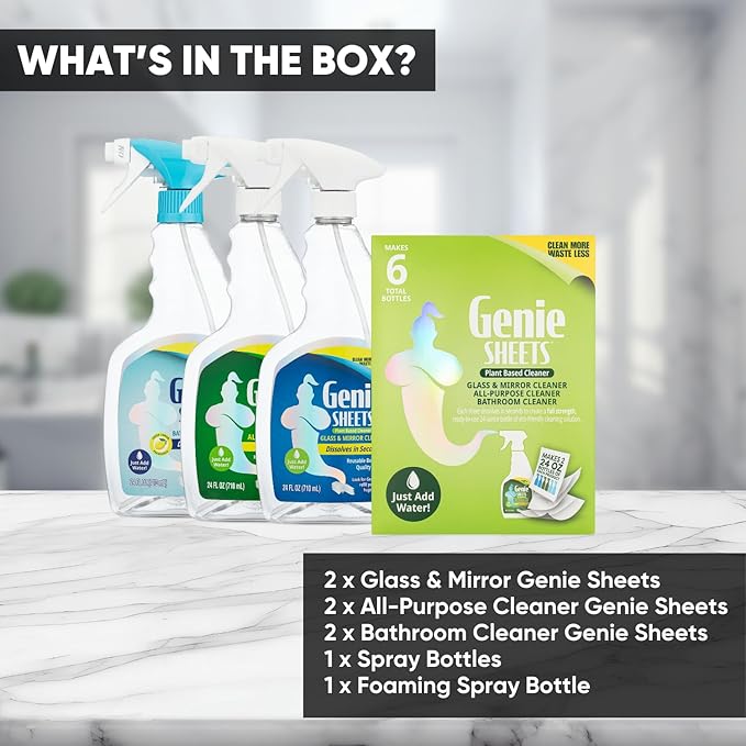 Genie Sheets All Purpose, Glass and Bathroom Cleaners Combo Pack | Concentrate Makes 6 24oz Refills with Spray Bottles | Just Add Water | Eco-Friendly Plant-Based | 6 Sheets
