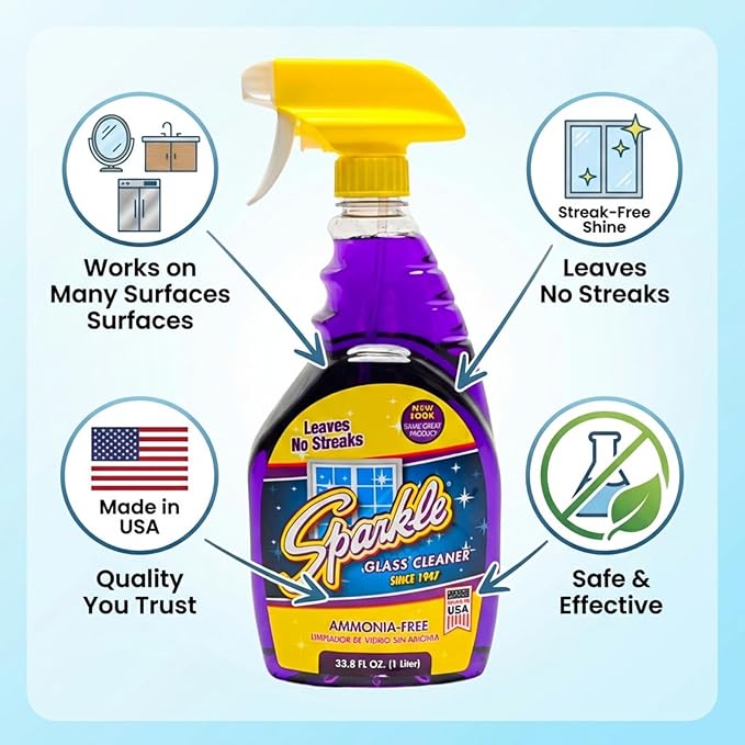 Sparkle Glass Cleaner Refill 1 Gallon (128 Fl Oz) – Ammonia-Free Heavy Duty Streak-Free Formula for Windows, Mirrors & Glass (Pack of 1)