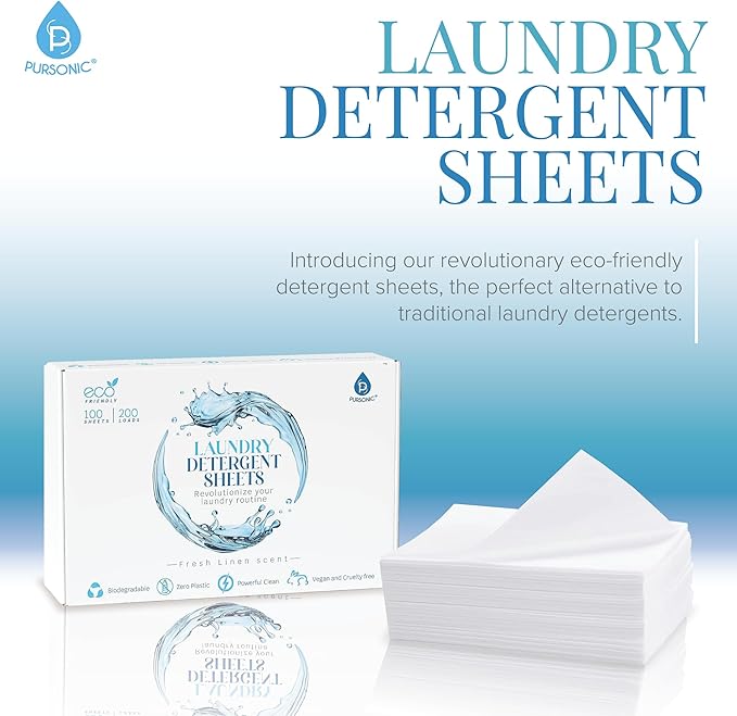 Pursonic Eco Laundry Detergent Sheets - 30 Sheet (60 Loads) Natural Zero Plastic Laundry Sheets with Powerful Cleaning Power - Travel Essentials, Quick-Dissolving & Mess-Free (Fresh Linen)