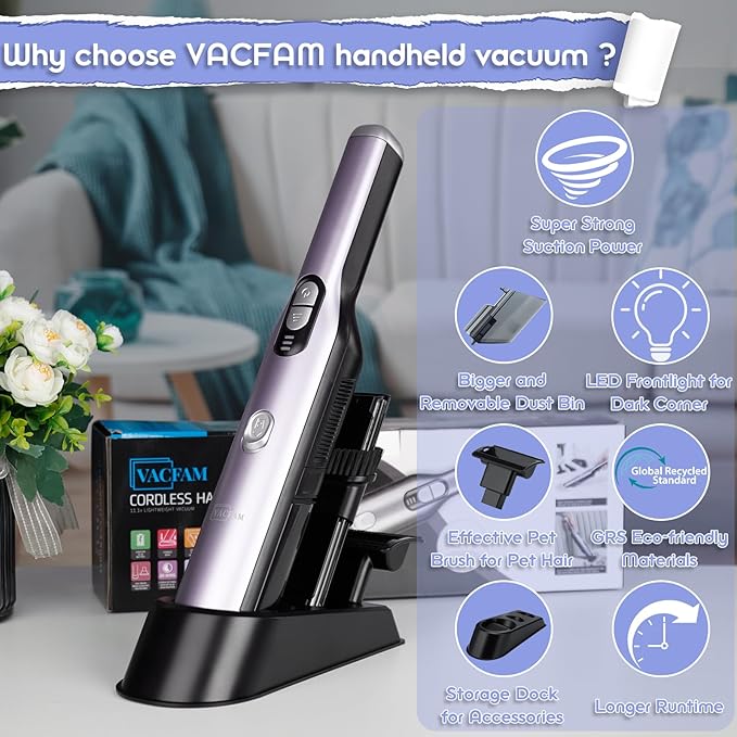 Handheld Vacuum Cordless, Car Vacuum Cleaner 18KPa High-Power Suction, Portable Hand Vac with Washable HEPA, LED Light,Storage Dock, Dust Buster for Office Home Desk, Pet Brush for Pet Hair,Rose Gold