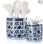 2 Pcs Blue and White Kitchen Utensil Holder 5"+6.1" Ceramic Kitchen Cooking Holder for Countertop Large Utensil Crock for Home Decor Parties Chinoiserie Blue