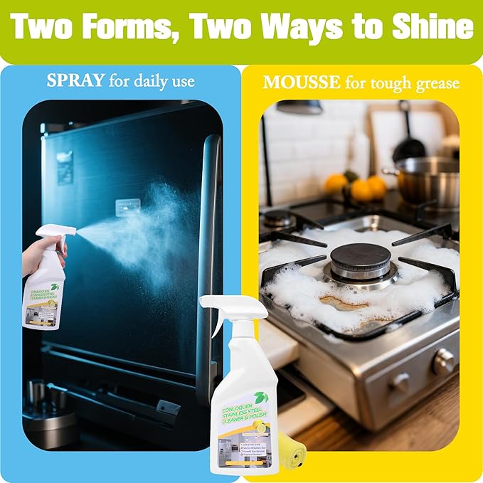 2-Pack Stainless Steel Cleaner Spray, Cleans & Polishes for Streak-Free Shine on Appliances, Range Hood, Sinks, Ovens, Refrigerators 33.8 Oz– Includes 2 Kitchen Sponges & 2 Mop Cloths, Lemon Scent