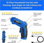 Apollo Tools 81-Piece Home Tool Set with 3.6V Li-Ion USB Cordless Screwdriver, Rotating Handle, LED Light, Hand Tools & Picture Hanging Kit – Compact Household Repair & DIY Kit, Blue/Gray DT2020