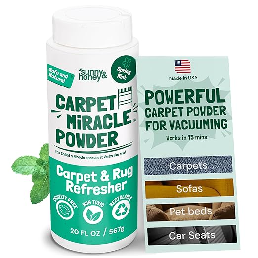 Sunny & Honey Carpet Freshener Powder - 20 Oz, Spring Mint - Pet & Kid Safe Rug Freshener Powder - Dual-Purpose Eucalyptus Mint Carpet Cleaner - Easy Vacuum Dry Rug Shampoo