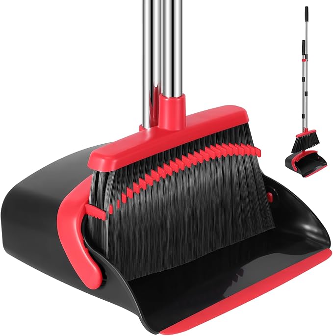 NACENA Broom and Dustpan Set, 52-in Long Adjustable Handle Broom Dustpan Combo with Dustpan Teeth to Automatically Clean Hair Suitable for Home Kitchen Office Hall Floor（Black&Red）