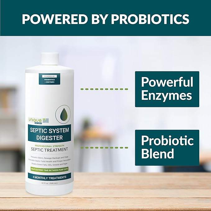 Unique Septic System Digester - 4 Monthly Live Bacteria Septic Tank Treatments - Prevents Back-Ups, Clogs and Odors (32 oz)