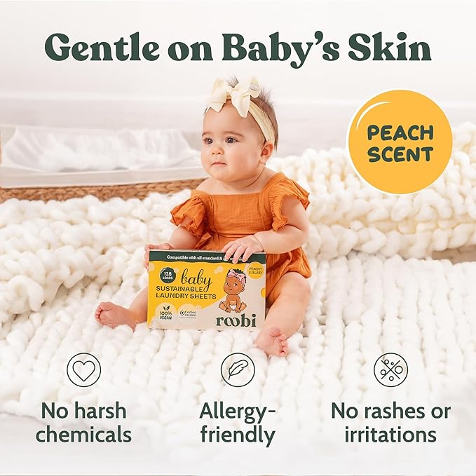 Roobi Baby Laundry Detergent Sheets. Specially Formulated for Sensitive Skin. Newborns, Infants & Toddlers Clothes. Peachy Lullaby Scent. Up to 128 Loads