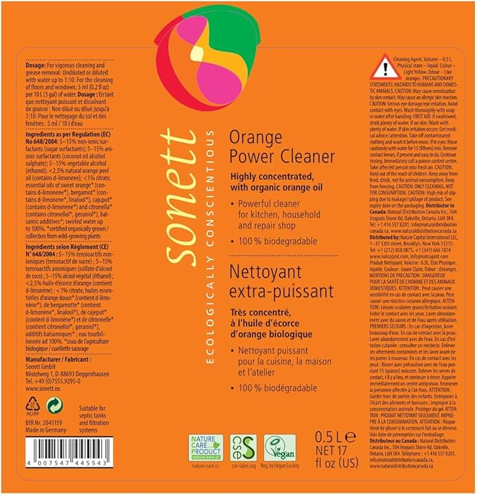 Sonett Organic Universal Orange Powerful Cleaner For Kitchen, House Hold And Repair Shop Very Gentle To Your Skin (1 Count) Certified Organically Grown