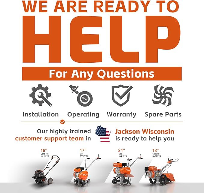 NOVUS 18-Inch Dual Direction Rear Tine Tiller, 212cc 4-Cycle Gas Engine, Full Gear Transmission, Dual Rotating Tines, Airless Tires Gas Tiller for Small to Large Gardens