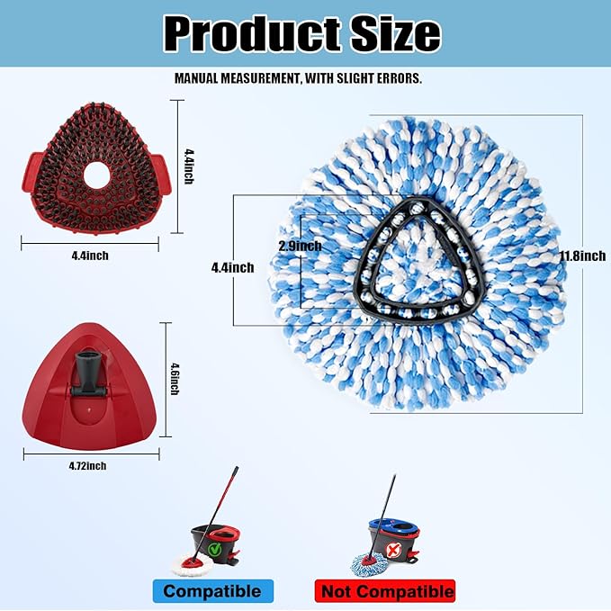 6PCS Spin Mop Replacement Heads,with Only Fit for RinseClean 2-Tank System,Machine Washable & Easy to Replace.Including 4 Spin mop Replacement Heads, 1 Brush Head and 1 Base