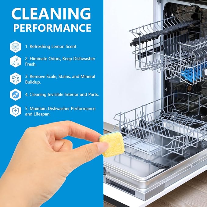 24-count Dishwasher Cleaner Tablets with Coral Fleece Cleaning Cloth, Deep Cleaning and Descaling Formula, Removes Odors and Hard Water Residue, Maintains Dishwashers(Lemon Scent)