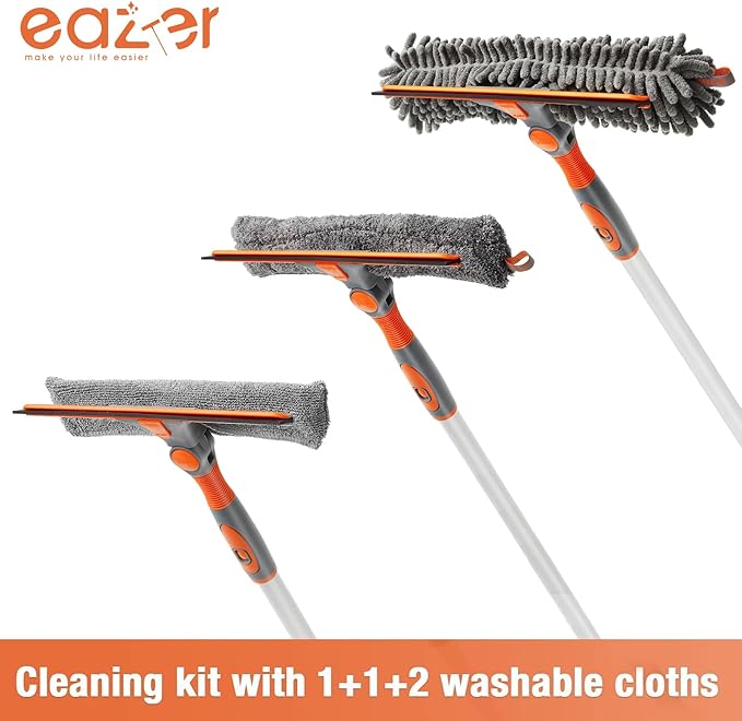 Eazer Squeegee Window Cleaner Tool, 2 in 1 Rotatable Window Cleaning Squeegee Kit with Extension Pole, 62'' Window Washing Kit, Bendable Head for Car Glass - 2 Scraper