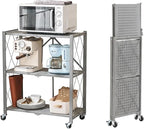 BRIAN & DANY 3-Tier Foldable Storage Shelves with Wheels, No Assembly Folding Shelf Metal Rack, Shelving Unit for Kitchen, Garage, Gray