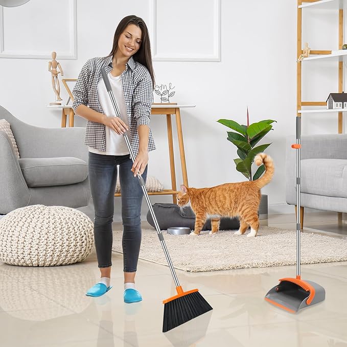 NACENA Broom and Dustpan Set, 52-in Long Adjustable Handle Broom Dustpan Combo with Dustpan Teeth to Automatically Clean Hair Suitable for Home Kitchen Office Hall Floor (Grey&Orange), 4 Pack