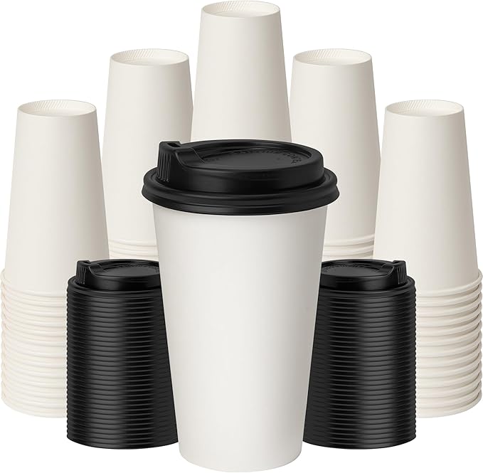 16 oz Coffee Cups with Lids 100 Pack,White Leak-Proof Disposable Coffee Cups for Hot/Cold Beverages, Party Supplies, To-Go Paper Cups for Coffee, Tea, Office, Picnic