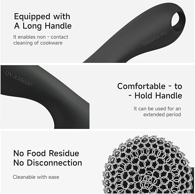 SUBEKYU Cast Iron Scrubber with Silicone Handle, Stainless Steel Skillet Cleaner for Cast Iron Pans (Black Scrubber + Scraper)