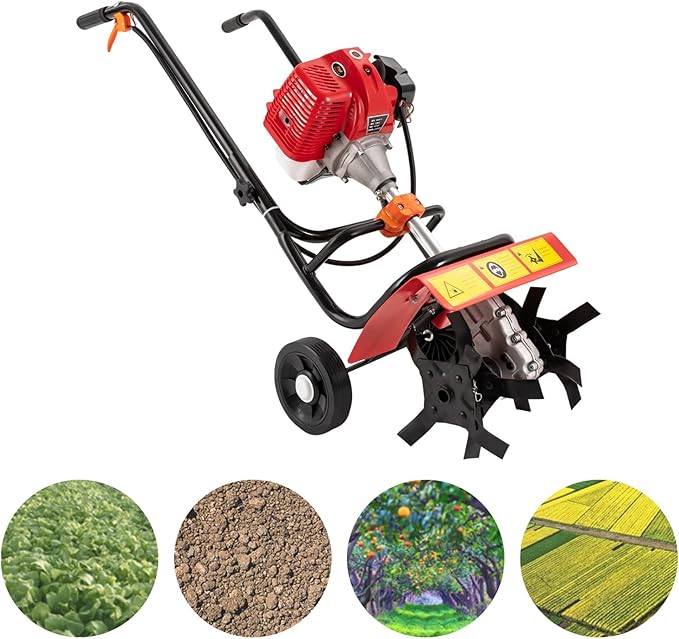 Gas Powered Tiller 52CC 2 Stroke Commercial Heavy Duty Tiller 1.9KW Hand Rotary Cultivator Rototiller Garden Tool with Long Handle for Soil Cultivation