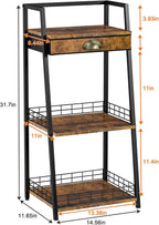 keomaisyto 3-Tier Bathroom Shelves with Canvas Drawer, Floor Bathroom Storage Shelf, Small Storage Stand Rack, Freestanding Ladder Shelf for Living Room Bedroom, Rustic Brown