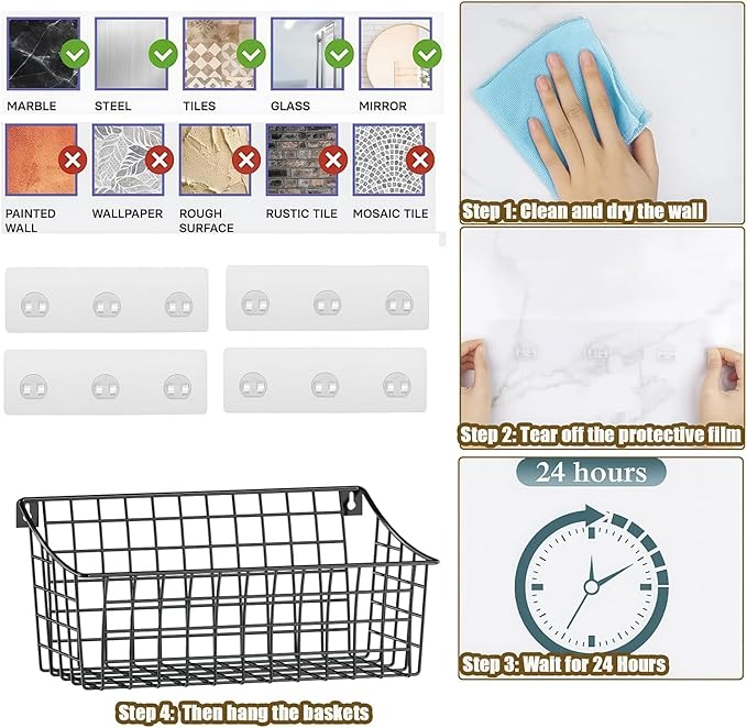 Sonyabecca 4 Pack Hanging Wall Basket for Organizing, Large Wire Basket for Storage Pantry with 5 S Hook+4 Adhesive Hook, Wall Mounted Shelf for Kitchen Bathroom
