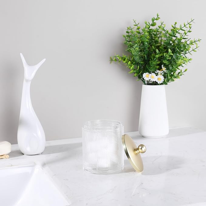 Clear Transparent Apothecary Ribbed Geometric Etched Glass Jar W/Gold Lid Cover for Bathroom Organization, Cotton Balls, Q Tips, and Small Accessories, Bathroom Storage