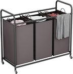 LINZINAR 3-Bag Laundry Sorter,Laundry Hamper Cart with Heavy Duty Rolling Lockable Wheels and Removable Bags (Brown)