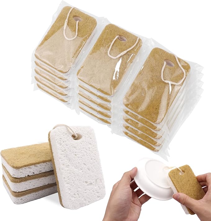 Natural Sponge, Sponges Individually Wrapped, Non Scratch Kitchen Cleaning Sponge Scouring Pad Cellulose Coconut Scrubbing Sponge for Washing Dishes (Pack of 1000 - Yellow)