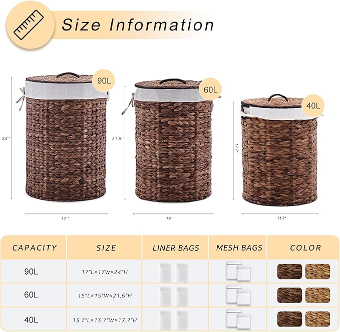 Round Water Hyacinth Laundry Hamper with Lid Handwoven Wicker Basket with Handles for Dirty Clothes, Storage, and Organization Ideal for Bedroom, Bathroom, and Laundry Room, No Assembly Required, 90L