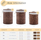 Round Water Hyacinth Laundry Hamper with Lid Handwoven Wicker Basket with Handles for Dirty Clothes, Storage, and Organization, No Assembly Required, 40L
