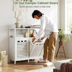 Homykic Tilt Out Laundry Hamper Cabinet, Bamboo Double Laundry Hamper with 2 Removable Laundry Baskets, 20 Gal Laundry Sorter Organizer with Shelf for Dirty Clothes, Bathroom, Laundry Room, White