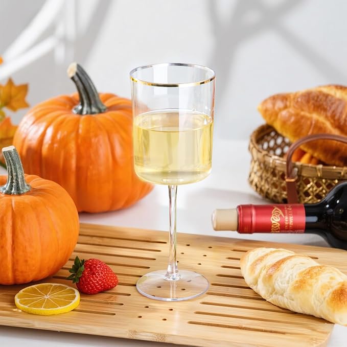 Ciaell 12 Pack Plastic Wine Glasses - 10 Oz Plastic Wine Glasses with Stem - Gold Rim Disposable Cups for Parties & Weddings & Poolside & Toasting & Outdoors & Thanksgiving