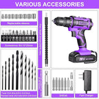 Purple Cordless Drill Set,20V Drill Driver with Battery and Charger,3/8-Inch Keyless Chuck, Variable Speed,with Drills Bits Set