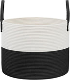 JMvicyroam 115L Extra Large Blanket Basket for Living Room - Woven Cotton Rope Laundry Hamper with Reinforced Handles - Storage Bin for Pillows, Comforters & Toys - Machine Washable,White&Black