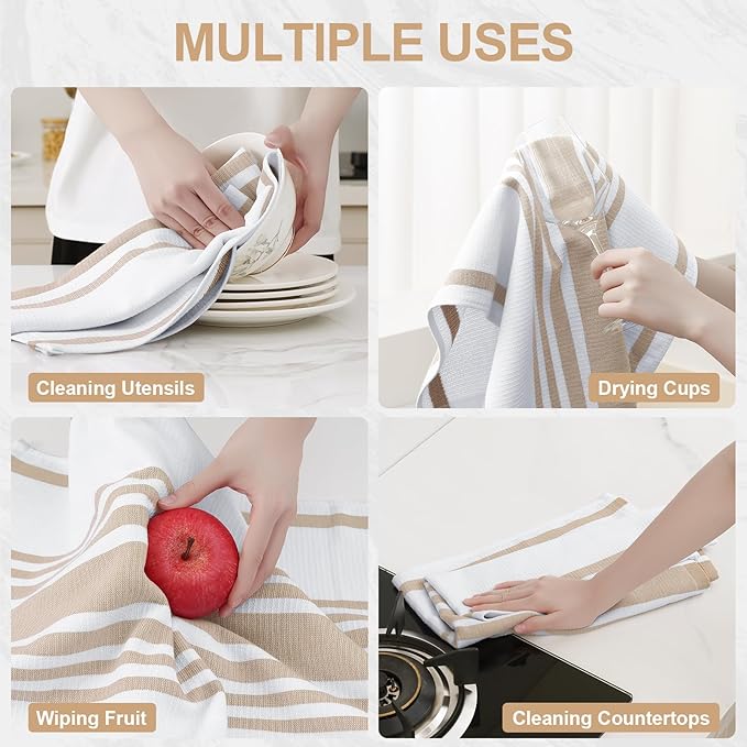 Homaxy Premium Kitchen Towels 18”x 28”, Large Cotton 380 GSM Kitchen Hand Towels, Stripe and Terry Dish Towel, Highly Absorbent Tea Towel Set with Hanging Loop, 8 Pack, Khaki