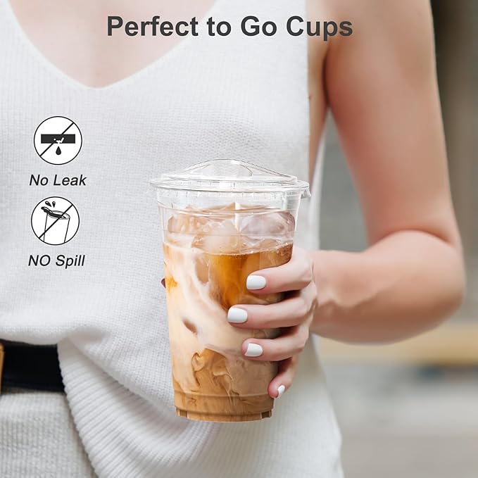 100 Pack - 20 oz Clear Plastic Cups with Lids, Sturdy & Food Safe Iced Coffee Cups with lids, Disposable Plastic Smoothie Cups for Cold Drinks, Sip Lids