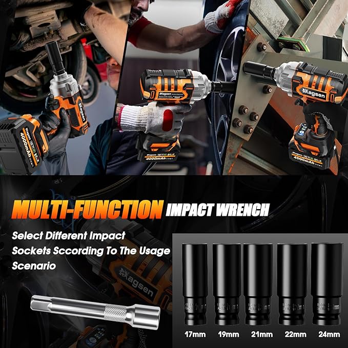 1/2" Cordless Impact Wrench, 900Ft-lbs (1200N.m) Brushless High Torque Impact Gun,3800RPM,3 Variable Speeds,LED Light,2x4000mAh Battery, 5 Sockets,Electric Impact Gun for Car/Mower/Pickup