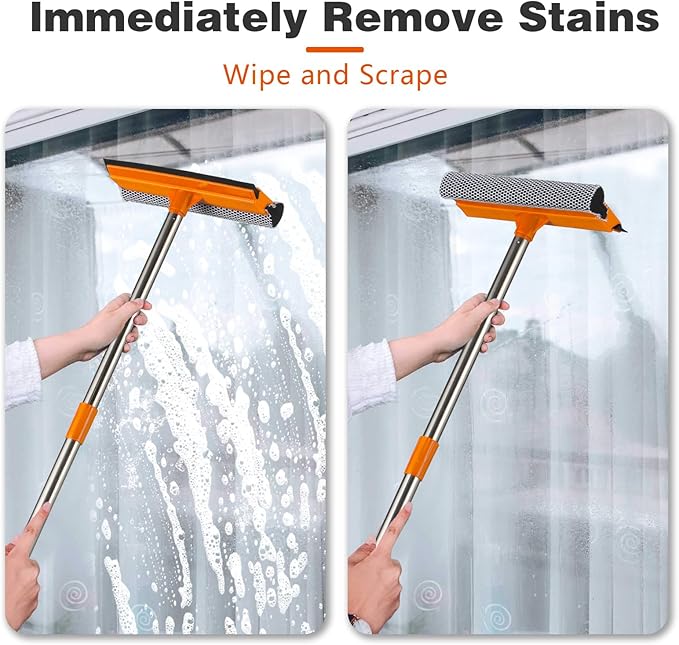 2 in 1 Window Squeegee for Home,15.9" Car Window Cleaner with Long Stainless Steel Handle,Sponge Car Squeegee for Gas Station, Glass,Shower,Outdoor High Window Cleaning