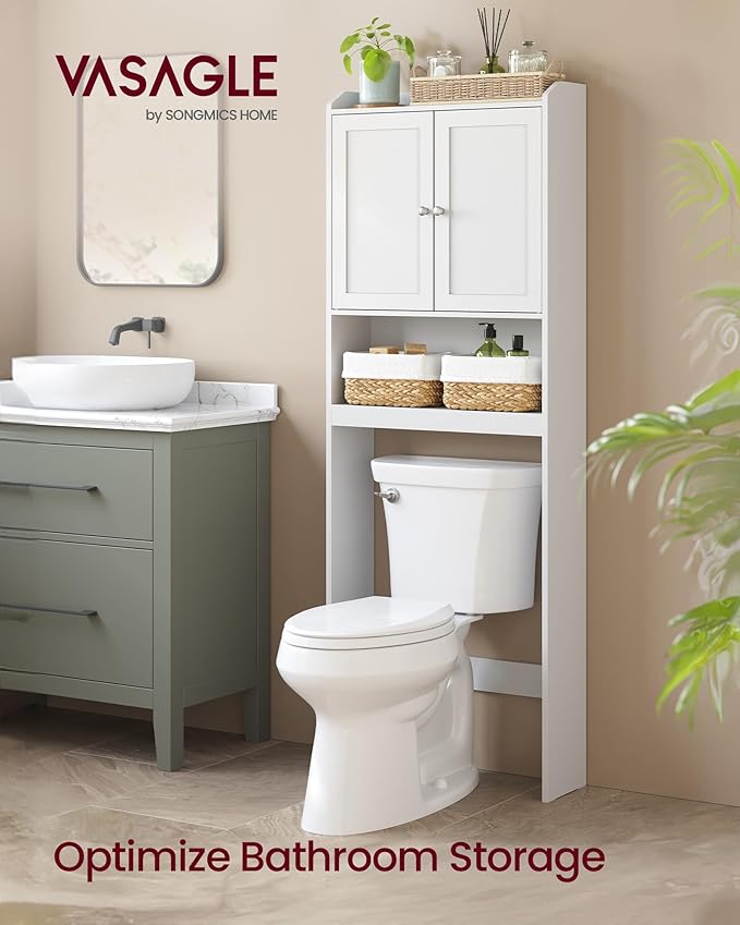 VASAGLE Over the Toilet Storage Cabinet, Bathroom Storage Cabinet with Doors, Adjustable Shelves, Space-Saving, Modern, 7.9 x 24.6 x 70 Inches, Cloud White UBTS008WH01S